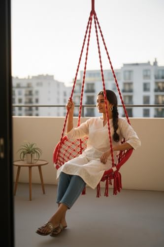 Image of Patiofy Cotton Netted Round Large Swing for Adults /Swing for Balcony /Swing Chair for Adults for Home /Hammock Swing for Adults /Swing Chair Wooden /Without Hanging Kit (120Kgs Weight Capacity- Red)