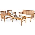 Tangkula 4 Piece Outdoor Acacia Wood Sofa Set with Water Resistant Cushions, Padded Patio Conversation Table Chair Set w/Coffee Table for Garden, Backyard, Poolside (1)