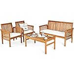 Tangkula 4 Piece Outdoor Acacia Wood Sofa Set with Water Resistant Cushions, Padded Patio Conversation Table Chair Set w/Coffee Table for Garden, Backyard, Poolside (1)