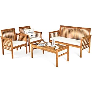 Tangkula 4 Piece Outdoor Acacia Wood Sofa Set with Water Resistant Cushions, Padded Patio Conversation Table Chair Set w/Coffee Table for Garden, Backyard, Poolside (1)