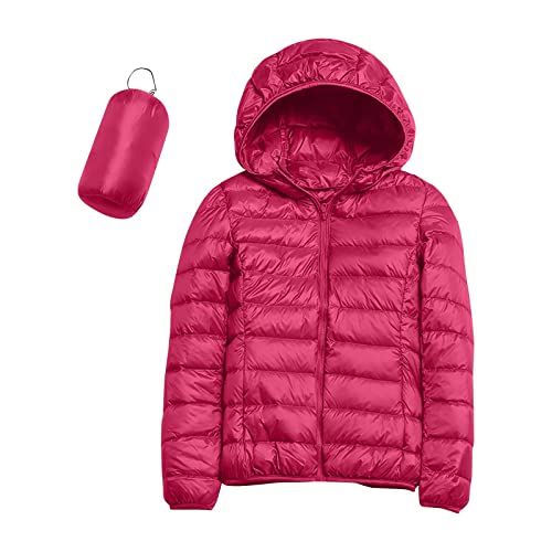 Cotecram Womens Winter Coats Packable Long Sleeve Hooded Puffer Jacket Full Zipper Lightweight Quilted Down Jackets Causal Warm Outerwear Windproof Plus Size Women Clothing(A Hot Pink,3X-Large) #TOP19