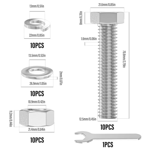 Image of 10PCS 1 /2-13 x 2-1 /2 inch 304 Stainless Steel External Hex Bolt, Fully Threaded Bolt with Nut Flat & Lock Washers and Spanner