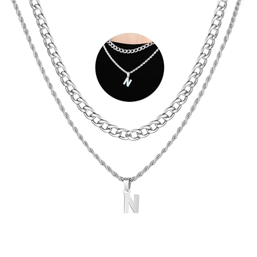 SENRAN Collar de iniciales en capas de letra A-Z para hombres, acero inoxidable, cadena de cuerda torcida Figaro de 18-20 pulgadas, collar con dije de...