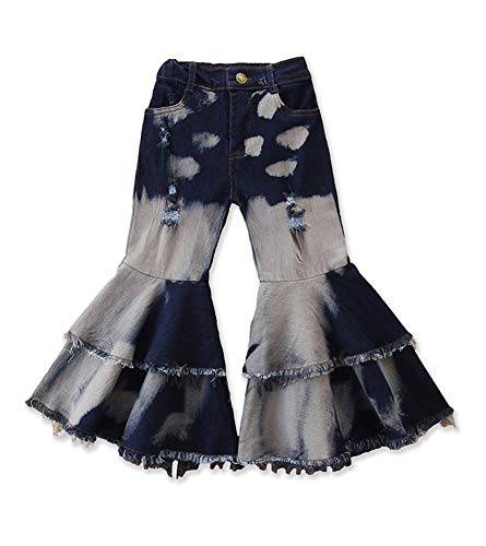Sitmptol Kids Toddler Little Baby Girl Ruffle Ripped Jeans Bell Bottom Flare Pants Ripped Denim Leggings Trousers 5-6T Grey Dark Blue