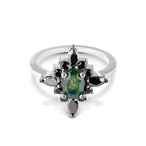 1.30cttw Green Natural Moss Agate Gemstone and Black Created Onyx Engagement Rings for Women 925 Sterling Silver Oval Marquise Round Cut Statement Ring Size 4-10