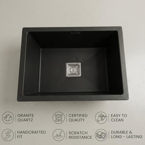 Image of Gloxy Premium Quartz Granite Single Bowl Kitchen Sink 24x18x9 Inches - Black Matte FInish Quartz Sink For Kitchen With Coupling Hose Pipe and Drainer Basket - Undermount /Topmount - 3 Years Warranty