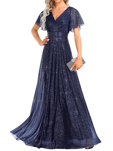 Ever-Pretty Women's Evening Gowns V Neck Ruched Short Sleeves A-line Glitter Formal Dresses Navy Blue US8