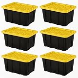 CNEIESD 6-Pack 27 Gallon Large Plastic Storage Totes with Snap-On Lids, Durable Stackable Storage Bins for Garage & Basement, Black & Yellow