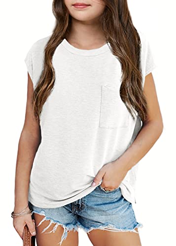 Image of Imily Bela Girls Cap Sleeve Summer Tops Casual Crewneck Loose Tshirts with Pocket