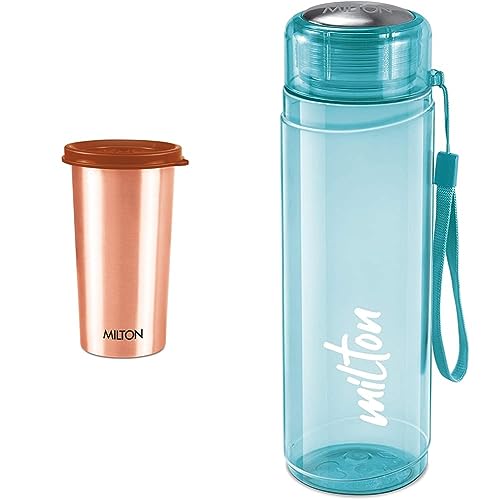 MILTON Copper Drinking Water Tumbler with Lid, 1 Piece, 480 ml Hector 1000 Pet Water Bottle, 1 Piece, 1 Litre, Blue