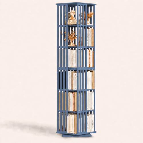 Image of Lauxery 6-Tier Bamboo Rotating Bookshelf Tower, Navy Blue, 74.8 in | 1200 lbs capacity, small footprint, 360 degree smooth rotation, dual shelf heights, easy assembly, for living room