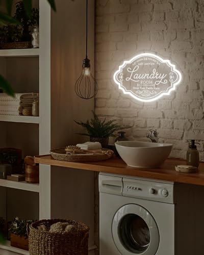 Image of The Laundry Room Neon Sign, USB Powered Laundry Room LED Neon Light, Dimmable Light Up Laundry Sign Acrylic Wall Decor Hanging Door For Home Business Laundry room, Bathroom, Farmhouse Decoration