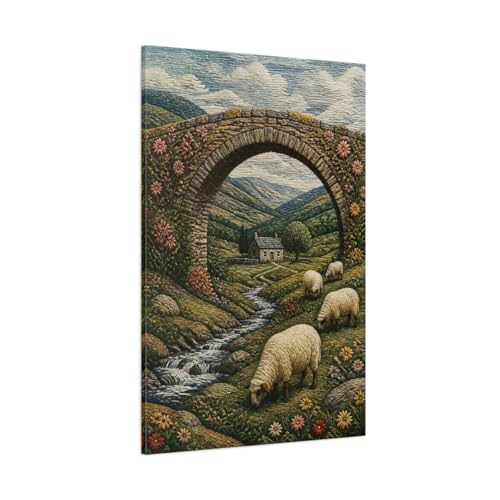 Impression sur toile effet textile relief paysage mouton vertical