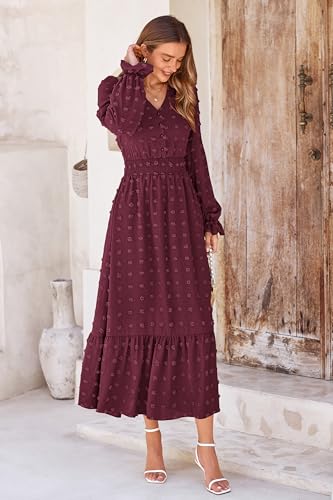MASCOMODA Women Maxi Dress 2025 Fall Long Sleeve V Neck Swiss Dot Boho Smocked High Waisted A-Line Tiered Flowy Long Dresses4