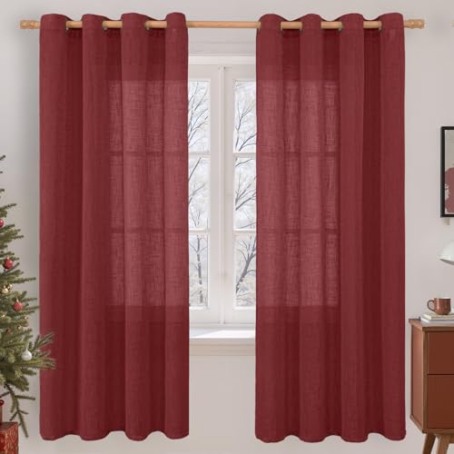 Image of LAMIT Burgundy Red Linen Curtains 72 Inch for Living Room, Bronze Grommet Linen Textured Christmas Curtains Light Filtering Drapes for Bedroom /Dining Room, Set of 2, 52 x 72 Inch