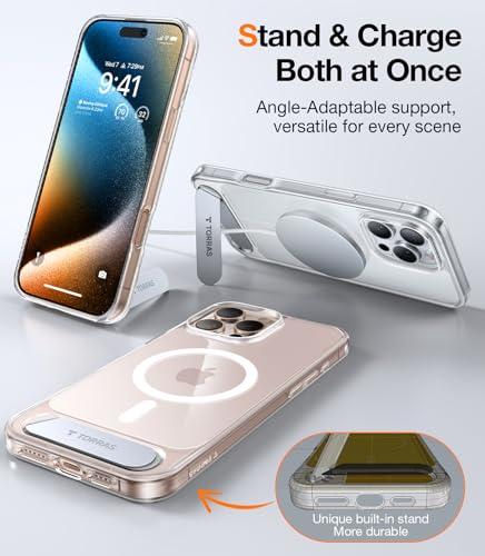 Image of TORRAS Strong Magnetic & Seamless Stand for iPhone 16 Pro Case Clear, Fit for MagSafe, Never Yellow, 4X Military Grade Drop Tested Kickstand Protective Phone Case for iPhone 16 Pro 6.3 inch, Clear