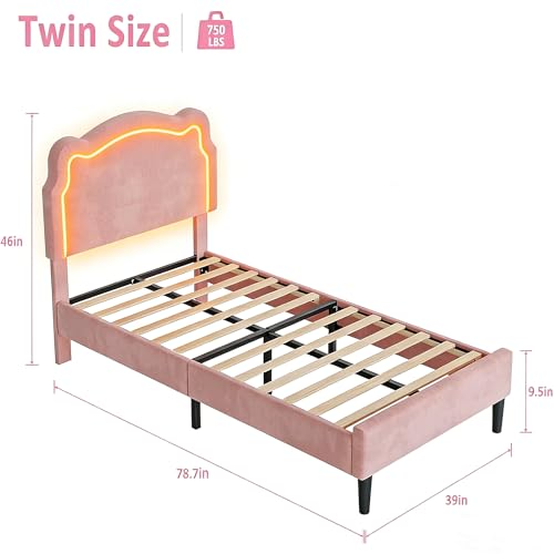Image of GarveeHome Twin Upholstered Smart LED Bed Frame with Headboard, Velvet Princess Platform Bed Frame for Kids, Wooden Slats Support, No Box Spring Needed (Rose)