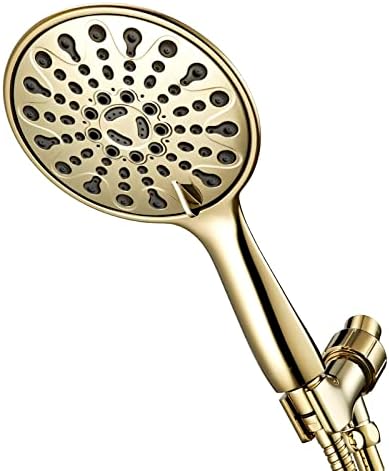 Couradric Handheld Shower Head, 6" Polished Brass Face 6 Spray Setting Shower Head with High Pressure, Brass Swivel Ball Mount and Extra Long Flexible Stainless Steel Hose