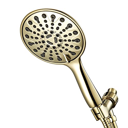 Couradric Handheld Shower Head, 6" Polished Brass Face 6 Spray Setting Shower Head With High Pressure, Brass Swivel Ball Mount And Extra Long Flexible Stainless Steel Hose #TOP12