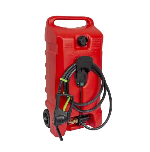 Scepter 14 Gallon Gas Caddy with Electric Fuel Pump, Flo ‘N Go Powered Portable Fuel Tank with Fill-Rite Transfer Pump and 10-Foot Hose for Farm, Marine, Commercial, and Home Use, Gasoline, Red