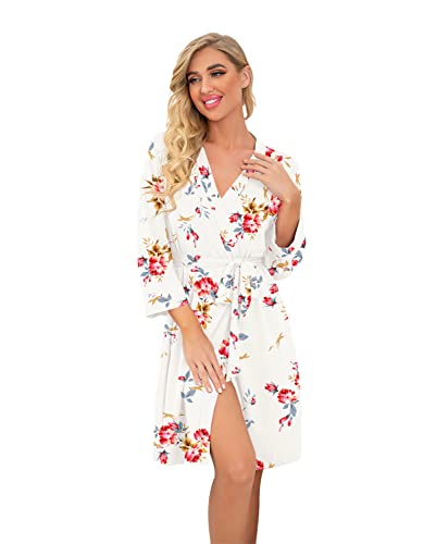 PrinStory Damen Bademantel Leichter Frauen Morgenmantel V-Ausschnitt Kimono Robe Gestrickt Lässig Morgenrock (Blumendruck Rose Weiß, XL)
