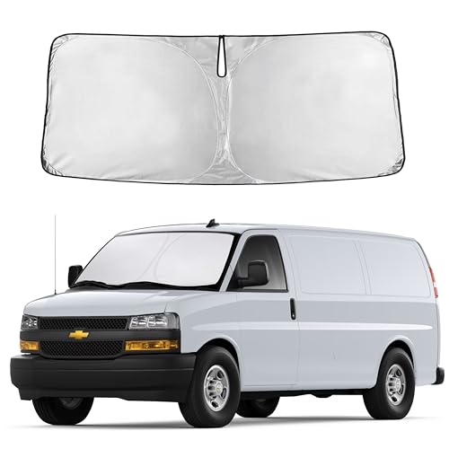Image of Autovir Windshield Sun Shade Fit for 1996-2024 2025 2026 Chevrolet Express | Sunshade, Front Car Window Shades Sun Visor, Blocks UV Rays & Heat, Car Accessories