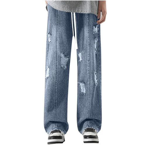 Men Classic Ripped Jeans, Fashion Baggy Drawstring Elastic Waist Palazzo Pants Wash Distressed Denim Pants with Pockets - Main Image