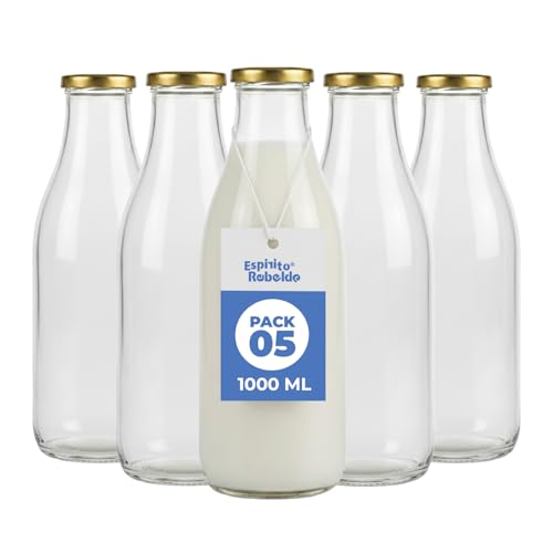 Espirito Rebelde Lot de 5 Bouteilles en Verre Vides de 1000 ml avec Couvercle | Bouteilles en Verre pour Jus, Lait, Barbecue, Sauces | Idéales pour Pique-niques, Mariages et Fêtes