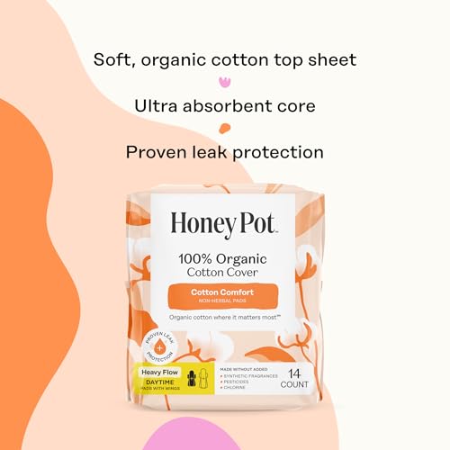 Image of The Honey Pot Company - 56ct - Sanitary Pads for Women - Non-Herbal Heavy Flow Daytime w /Wings - Organic Cotton Cover & Ultra-Absorbent Core - Feminine Care