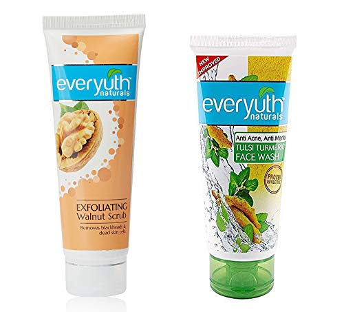 Everyuth Exfoliating Walnut Scrub, 100gm and Tulsi Turmeric Face Wash, 50g, Combo Pack