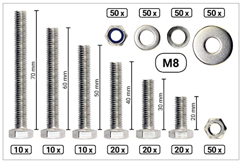 Schrauben-Sortiment – 340-tlg. – verzinkter Stahl 8.8 – M8 – DIN 933, 934, 985, 125, 127, 9021 – Sechskantschrauben mit Muttern & Unterlegscheiben – In stabiler Sortimentsbox