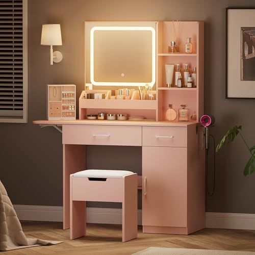 Dowinx Vanity Desk with Mirror and Lights, Power Outlet Makeup Vanity Table with 3 Drawers and 7 Shelves Dressing Table with Storage Stool for Girls Bedroom Dressing Room, Pink