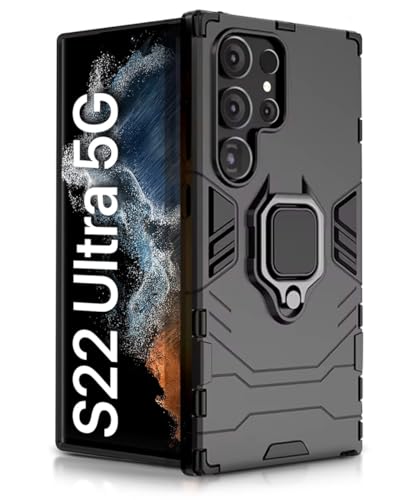 Image of WOW IMAGINE Shock Proof Back Case Mobile Cover for Samsung Galaxy S22 Ultra 5G | Back Cover Case (Tough Armor | Hybrid PC + TPU | Ring Holder & in-Built Kickstand | Black)