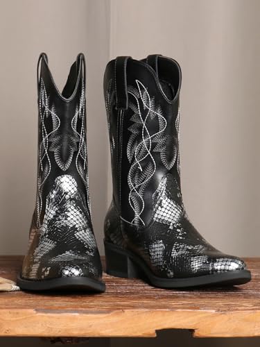 Image of Python Manning Men's Boots Cowboy for Men Classic Pointed Toe Western Pull Up Snakeskin Embroidered Mid-Calf Boots