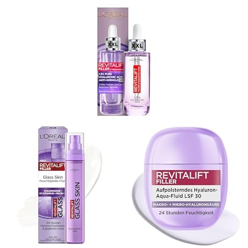Revitalift Filler Glass Skin Routine, aufpolsternds Serum, Glass Skin Feuchtigkeitsfluid und Hyaluron-Aqua Fluid LSF30, Trio-Routine für geglättete Linien und glowy Haut, L'Oréal Paris