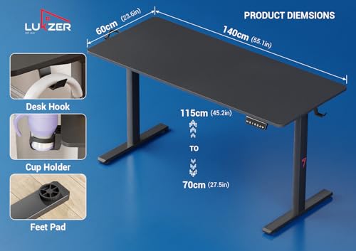Image of Lukzer Electric Height Adjustable Desk | Dual Motor with Memory Controller Sit-Stand Study Table | Ergonomic Computer Desk for Work from Home | 1 Year Warranty (EST-002 /Black & Black /140x60 cm)