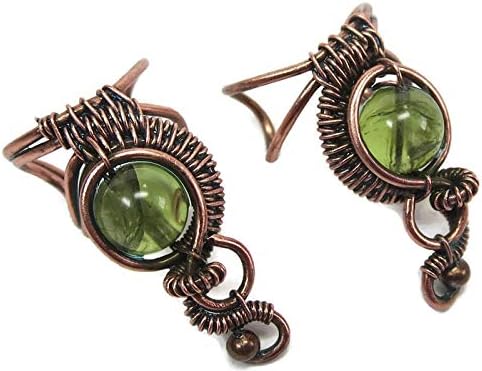 Peridot and Copper Woven Wire Ear Cuff; "Woven Bezel" Non-pierced Earrings