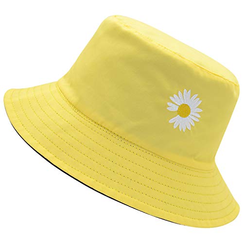 Flower Embroidery Hat Summer Travel Bucket Beach Sun Hat Reversible Vistor Outdoor Cap (Yellow/Black)