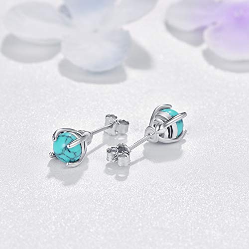 Turquoise Studs Earrings, 925 Sterling Silver Round Shape Tiny Studs, Turquoise Jewelry Mother Day Gift For Women Daughter Girlfriend With Gift Box-4Mm 6Mm #TOP1