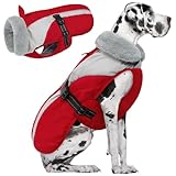 Queenmore XXL Dog Jacket, Winter Coat for Large Dogs, Extra Warm Padding Fleece Puffy Coat Waterproof Snow Parka Jacket for German Shepherd Golden Retriever, Red/Grey