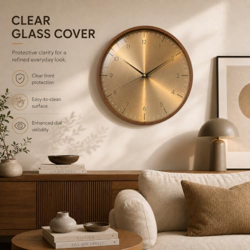 Image of ginoya brothers 12-Inch Round Wall Clock, Silent Non-Ticking Quartz Sweep Movement, Easy-to-Read Easy-to-Read Analog Display Living, Office & Home Decor (Gold)