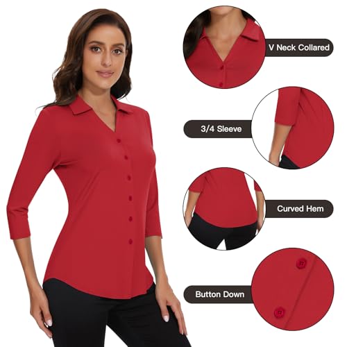 Image of Soneven Womens Golf Polo Shirts 3 /4 Long Sleeve V Neck Button Down Shirts Business Causal Work Blouses Tops