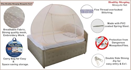 Image of Healthy Sleeping Foldable Portable plyester pop up Mosquito Net for Single Bed, Strong & Durable Mosquito Net for 6 X 4 ft Size Bed (Embroidery Badam Pink)
