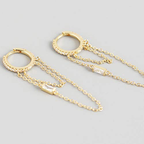 Cz Chain Dangle Drop Small Hoop Cuff Earrings S925 Sterling Silver For Women Girls Cartilage Sensitive Ears Fashion Elegant Chic Cubic Zirconia Threader Tassel Dangling Hypoallergenic Gifts (Gold) #TOP2