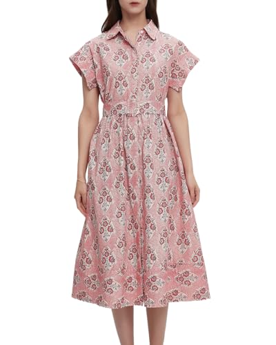 Women Summer Dresses 2025 Casual Wing Short Sleeve Button Down Midi Dress Floral Long Dress with Pocket