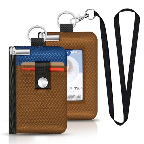 Image of Minimalist RFID Blocking Small Wallet with ID Window,WaterResistant Zip Id Case Wallet with Lanyard Keychain for Cards,Cash,Travel,Women,Men (Brown /Electric Blue)