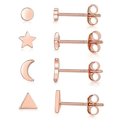 Sterling Silver Stud Earrings - 4 Pairs Small Silver Ball Earrings Triangle Stud Earrings Round CZ Earrings Bar Earrings Set Hypoallergenic Studs Cartilage 14K Earrings(3mm2&5mm2), Metal, No Gemstone Cover