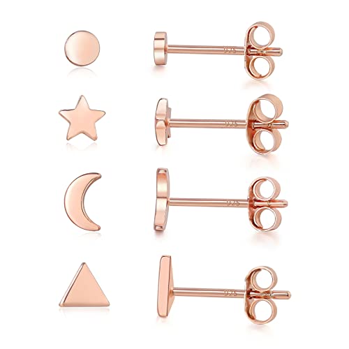 Small Gold Stud Earrings - 4 Pairs Rose Gold Plated Triangle, Star, Moon and Round CZ Stud Earrings - Hypoallergenic Cartilage and Tragus Set - Main Image