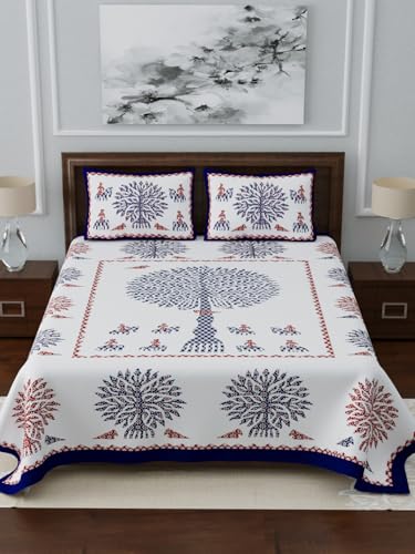 Image of LIVING ROOTS Jaipuri Hand Block Print King Cotton Bedsheet 86 * 104 inches (7 * 8.5 feet) with 2 Pillow Cover | 210 TC | Rich Fast Colour with No Colour Bleeding | (038-A)
