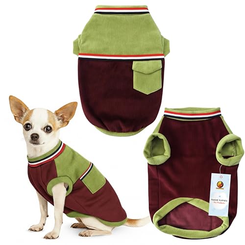 Image of Foodie Puppies Corduroy Line Velvet Pocket T-Shirt Warm Sweater Jacket - (16 inch, Olive & Maroon) for Small Breeds Dogs | Soft, Lightweight Pet Apparel | Stylish, Comfortable, Durable, Stretchable
